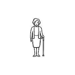 Image showing Pensioner woman with cane hand drawn outline doodle icon.