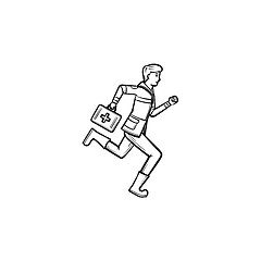 Image showing Doctor running with first aid kit hand drawn outline doodle icon.