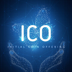 Image showing ICO initial coin offering hud banner with hands and butterfly