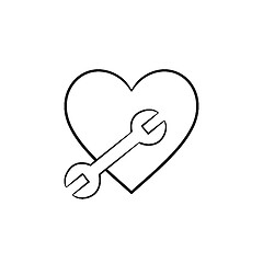 Image showing A heart shape with a wrench hand drawn outline doodle icon.