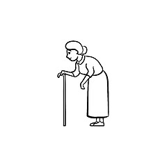 Image showing An old woman with cane hand drawn outline doodle icon.