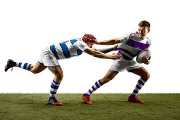 Image showing The silhouette of two caucasian rugby male players isolated on white background