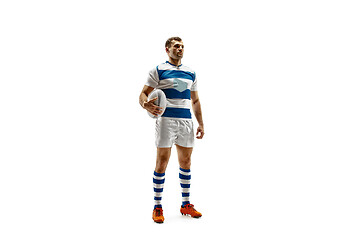 Image showing The silhouette of one caucasian rugby man player isolated on white background