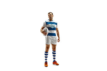 Image showing The silhouette of one caucasian rugby man player isolated on white background