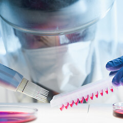 Image showing Scientist working in the corona virus vaccine development laboratory research with a highest degree of protection gear.