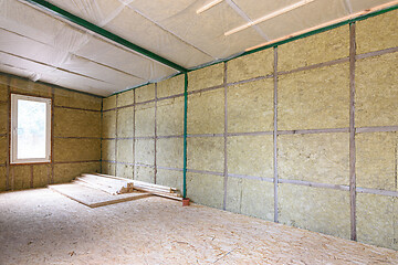 Image showing Wall insulation with mineral slabs in a frame house