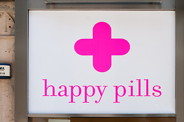 Image showing BARCELONA, SPAIN - JUNE 2, 2013: Signboard of candy store Happy Pills in Barcelona