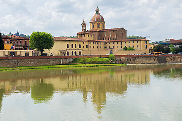 Image showing FLORNCE, ITALY - APRIL 24, 2019: View of the historic buildings in Florence. Reflection in the river