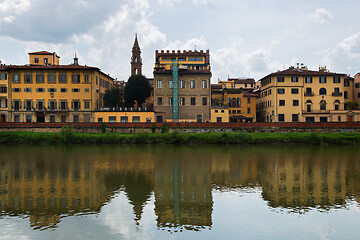 Image showing FLORNCE, ITALY - APRIL 24, 2019: View of the historic buildings in Florence. Reflection in the river