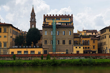 Image showing FLORNCE, ITALY - APRIL 24, 2019: View of the historic buildings in Florence. Reflection in the river