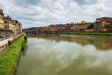 Image showing FLORNCE, ITALY - APRIL 24, 2019: View of the historic buildings in Florence. Reflection in the river