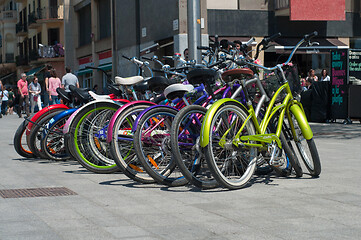 Image showing BARCELONA, SPAIN - JUNE 2, 2013: Parking with bicycles bicycles in Spain