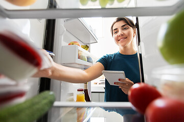 Image showing woman making list of necessary food at home fridge