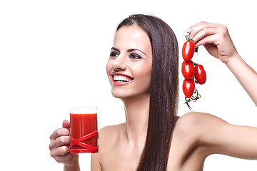 Image showing girl with cherry tomatoes and juice 