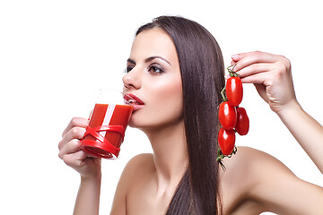 Image showing girl with cherry tomatoes and juice 