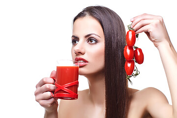 Image showing girl with cherry tomatoes and juice 