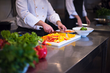 Image showing Chef cutting fresh and delicious vegetables