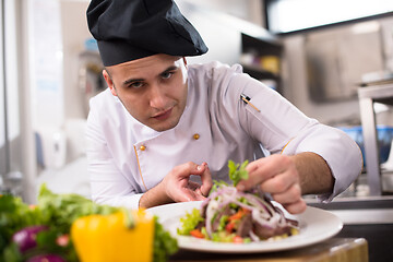 Image showing cook chef decorating garnishing prepared meal