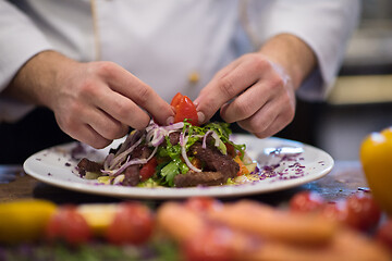 Image showing cook chef decorating garnishing prepared meal