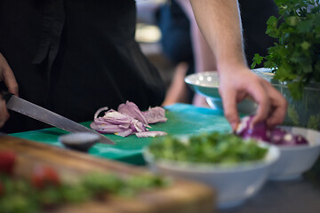 Image showing Chef  hands cutting the onion with knife