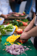 Image showing Chef hands cutting fresh and delicious vegetables