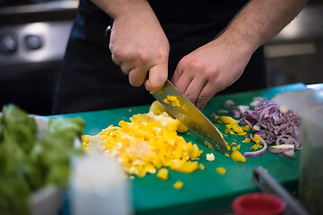 Image showing Chef hands cutting fresh and delicious vegetables