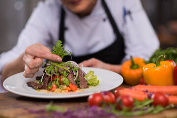 Image showing cook chef decorating garnishing prepared meal