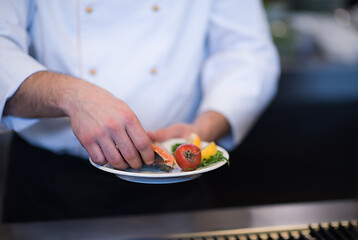 Image showing chef hands cooking grilled salmon fish