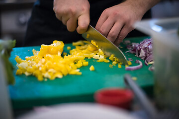 Image showing Chef hands cutting fresh and delicious vegetables