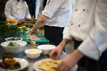 Image showing team cooks and chefs preparing meal