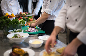 Image showing team cooks and chefs preparing meal