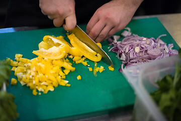 Image showing Chef hands cutting fresh and delicious vegetables