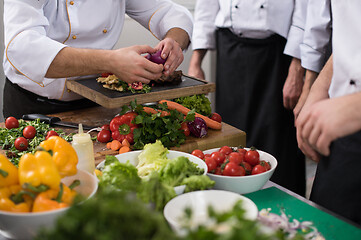 Image showing team cooks and chefs preparing meal