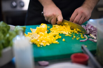 Image showing Chef hands cutting fresh and delicious vegetables