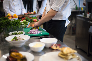 Image showing team cooks and chefs preparing meal