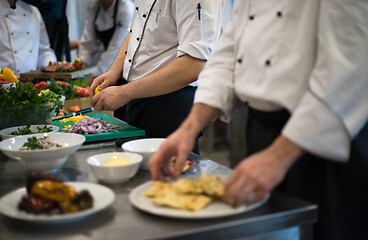 Image showing team cooks and chefs preparing meal