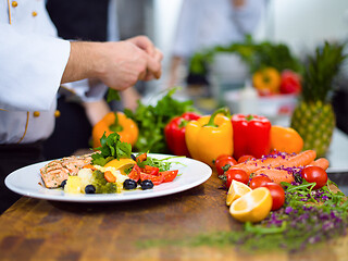 Image showing cook chef decorating garnishing prepared meal