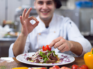 Image showing cook chef decorating garnishing prepared meal