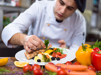 Image showing cook chef decorating garnishing prepared meal