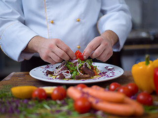 Image showing cook chef decorating garnishing prepared meal