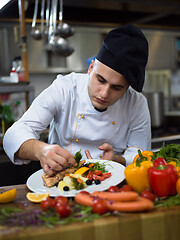 Image showing cook chef decorating garnishing prepared meal