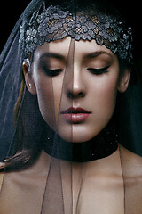 Image showing Beautiful girl with black lace veil