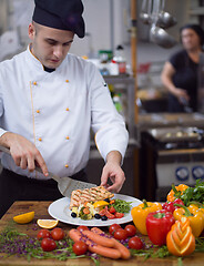 Image showing cook chef decorating garnishing prepared meal