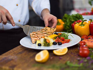 Image showing cook chef decorating garnishing prepared meal