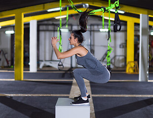 Image showing woman working out  jumping on fit box