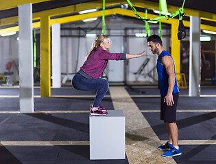 Image showing woman working out with personal trainer jumping on fit box