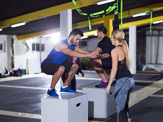 Image showing athletes working out  jumping on fit box