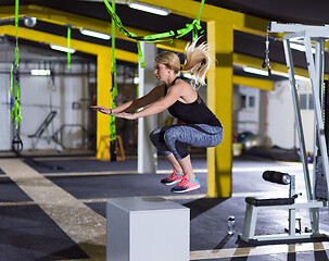 Image showing woman working out  jumping on fit box