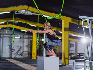 Image showing woman working out  jumping on fit box