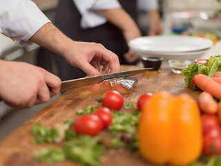 Image showing Chef hands preparing marinated Salmon fish